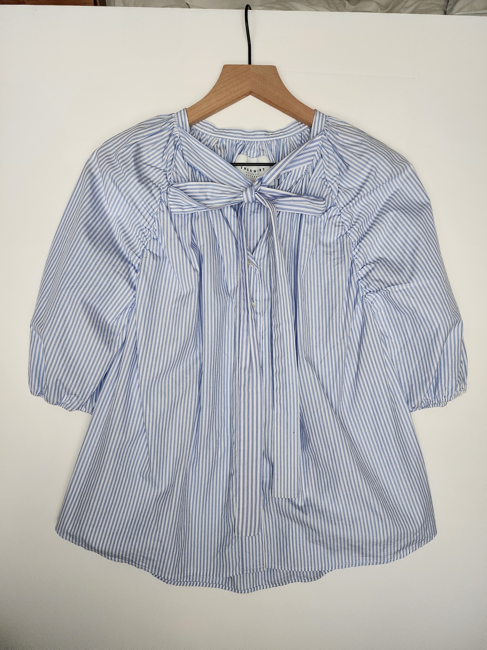 The Shirt by Rochelle Behrens Light Blue and White Striped Bow Front Blouse